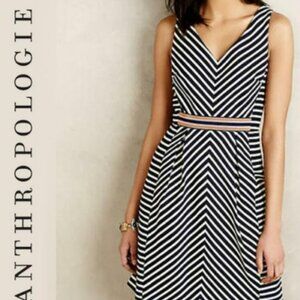 Anthropologie Maeve Mitered Stripe Navy and White Fit & Flare Chevron Dress